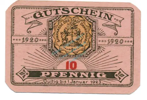 Dannenberg , Notgeld 10 Pfennig Schein unc-kfr. Tieste 1285.05.21 , NDS 1920 Verkehrsausgabe -4137