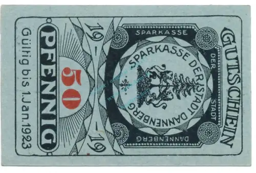 Dannenberg , Notgeld 50 Pfennig Schein unc-kfr. Tieste 1285.05.17 , NDS 1919 Verkehrsausgabe -4138