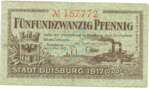 Duisburg , Notgeld 25 Pfennig Schein gbr. Tieste 1540.10.01 , RHL 1917 Verkehrsausgabe -4147