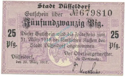 Düsseldorf , Notgeld 25 Pfennig Schein L-gbr. Tieste 1535.30.01 , RHL 1917 Verkehrsausgabe -4148