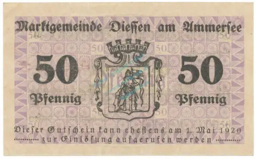 Diessen , Notgeld 50 Pfennig Schein unc-kfr. Tieste 1370.10.01 , BAY 1919 Verkehrsausgabe -4149