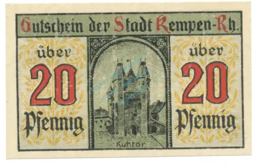 Kempen , Notgeld 20 Pfennig Schein unc-kfr. Tieste 3460.05.15 , RHL 1920 Verkehrsausgabe -4059