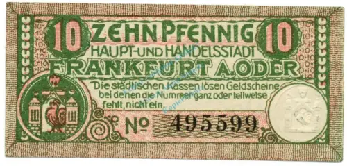 Frankfurt , Notgeld 10 Pfennig Schein unc-kfr. Tieste 1935.05.15 , BBG 1920 Verkehrsausgabe -4139
