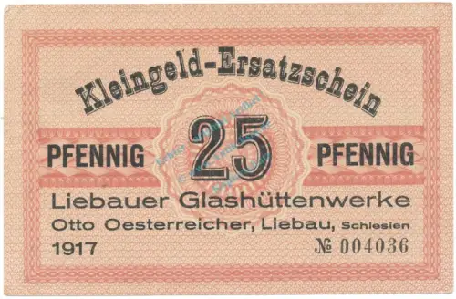 Liebau , Notgeld 25 Pfennig Schein unc-kfr. Tieste 4055.10.05 , SLN 1917 Verkehrsausgabe -4057