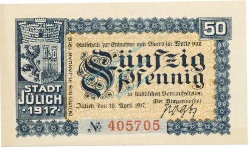 Jülich , Notgeld 50 Pfennig Schein unc-kfr. Tieste 3295.05.05 , RHL 1917 Verkehrsausgabe -4140