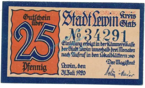 Lewin , Notgeld 25 Pfennig Schein unc-kfr. Ti.4030.05.30 , SLN 1920 Verkehrsausgabe -4158