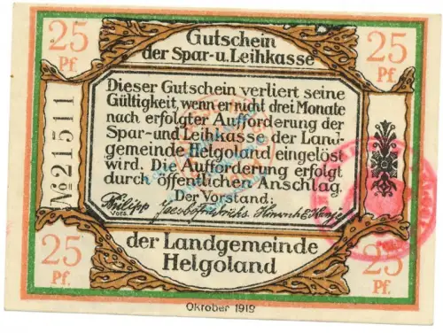 Helgoland , Notgeld 25 Pfennig -2 Stempel- unc-kfr. Tieste 2915.10.50.B , SH 1919 Verkehrsausgabe -4058