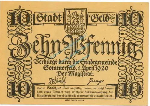 Sommerfeld , Notgeld 10 Pfennig Schein unc-kfr. Tieste 6970.05.25 , BBG 1920 Verkehrsausgabe -4144