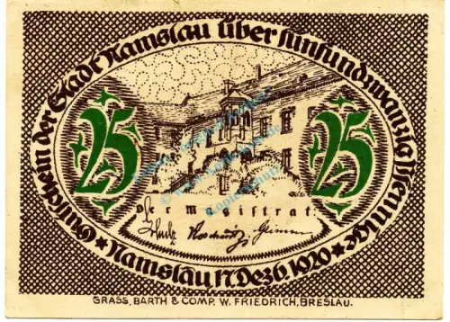 Namslau , Notgeld 25 Pfennig Schein unc-kfr. Ti.4755.10.02 , SLN 1920 Verkehrsausgabe -4160