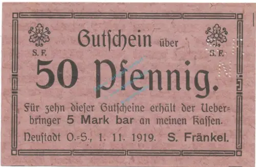 Neustadt , Notgeld 50 Pfennig Schein unc-kfr. Ti.4960.10.65 , OSL 1919 Verkehrsausgabe -4162