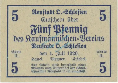 Neustadt , Notgeld 5 Pfennig Schein unc-kfr. Ti.4960.15.10 , OSL 1919 Verkehrsausgabe -4163