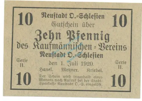 Neustadt , Notgeld 10 Pfennig Schein unc-kfr. Ti.4960.15.11 , OSL 1919 Verkehrsausgabe -4164