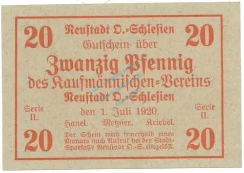 Neustadt , Notgeld 20 Pfennig Schein unc-kfr. Ti.4960.15.12 , OSL 1920 Verkehrsausgabe -4165