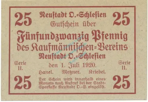 Neustadt , Notgeld 25 Pfennig Schein unc-kfr. Ti.4960.15.13 , OSL 1920 Verkehrsausgabe -4166