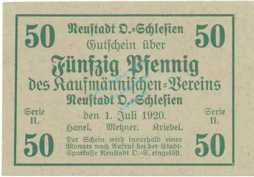 Neustadt , Notgeld 50 Pfennig Schein unc-kfr. Ti.4960.15.14 , OSL 1920 Verkehrsausgabe -4167