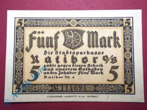 Notgeld Ratibor , 5 Mark Schein blanko , Mehl Grabowski 1100.1 C , Schlesien Seriennotgeld