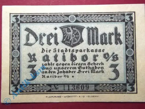 Notgeld Ratibor , 3 Mark Schein blanko , Mehl Grabowski 1100.1 C , Schlesien Seriennotgeld