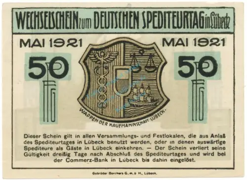 Lübeck , Notgeld 50 Pfennig Schein Nr.2 unc-kfr. M-G 822.1 , SH 1921 Seriennotgeld -5736