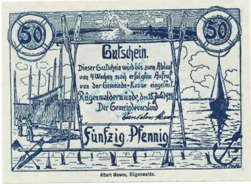 Rügenwaldermünde , Notgeld 50 Pfennig Schein unc-kfr. M-G 1149.1.e , POM 1921 Seriennotgeld -3781