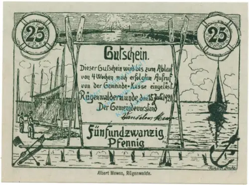 Rügenwaldermünde , Notgeld 25 Pfennig Schein unc-kfr. M-G 1149.1.c , POM 1921 Seriennotgeld -5737