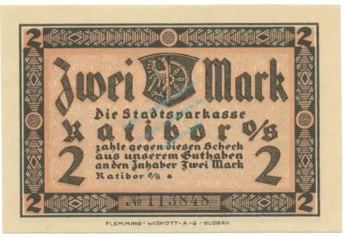 Ratibor , Notgeld 2 Mark Schein -blanco- unc-kfr. M-G 1100.1.c , OSL o.D. Seriennotgeld -5809
