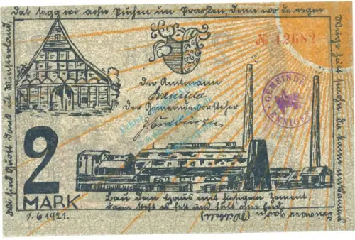 Ennigerloh , Notgeld 2 Mark -Stempel- unc-kfr. M-G 338.2.c , NRW 1921 Seriennotgeld -5756