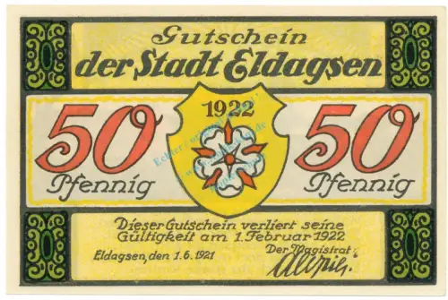 Eldagsen , Notgeld 50 Pfennig Schein unc-kfr. M-G 327.1 , NDS 1921 Seriennotgeld -5781
