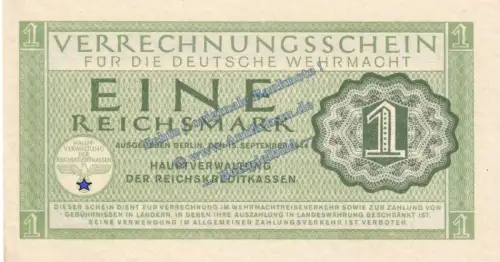 Banknote , 1 Mark Schein in kfr. DWM-8, Ros.511, M.38, deutsche Wehrmacht - 3.Reich