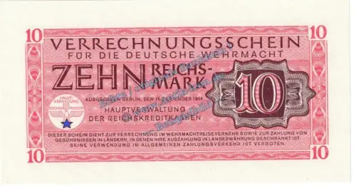 Banknote , 10 Mark Scheine in kfr. DWM-10, Ros.513, M40 , deutsche Wehrmacht 1944 3.Reich