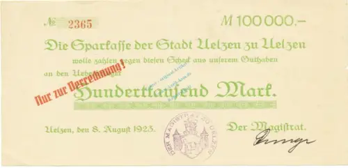 Uelzen , Banknote 100.000 Mark L-gbr. Keller 5258.b Niedersachsen 1923 Inflation -3611