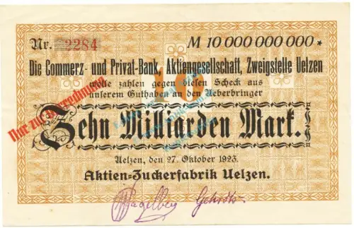 Uelzen , Banknote 10 Milliarden Mark F-kfr. Keller.5260 Niedersachsen 1923 Inflation -3612