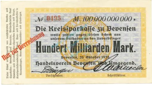 Bad Bevensen , Banknote 100 Milliarden Mark unc-kfr. Keller.394.b Niedersachsen 1923 Inflation -3613