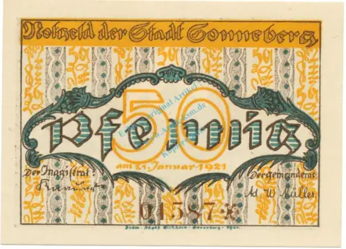 Sonneberg , Notgeld 50 Pfennig -KN braun- unc-kfr. M-G.1244.1.b , TH 1921 Seriennotgeld -5836