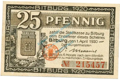 Bitburg , Notgeld 25 Pfennig Schein unc-kfr. Ti.0705.05.25 , RHL 1920 Verkehrsausgabe -4216