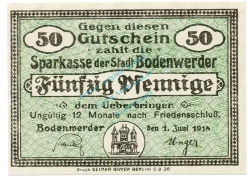 Bodenwerder , Notgeld 50 Pfennig -12 Monate- unc-kfr. Ti.0800.05.041 , NDS 1918 Verkehrsausgabe -4228