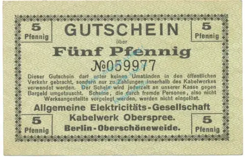 Berlin , Notgeld 5 Pfennig Schein L-gbr. Ti.0495.05.01 , BBG o.D. Verkehrsausgabe -4236