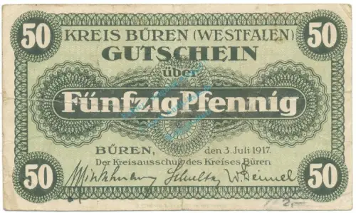 Büren , Notgeld 50 Pfennig Schein gbr. Ti.1010.05.05 NRW 1917 Verkehrsausgabe -4238