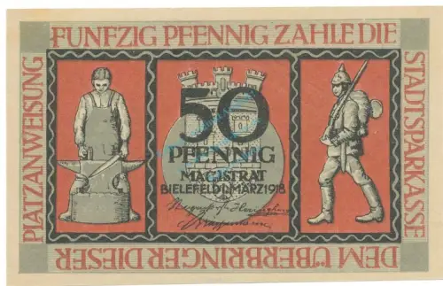 Bielefeld , Notgeld 50 Pfennig Schein unc-kfr. Ti.0620.05.60 NRW 1918 Verkehrsausgabe -4239