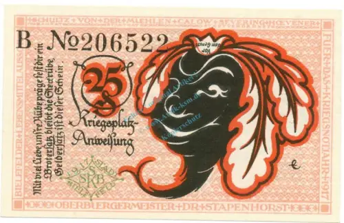 Bielefeld , Notgeld 25 Pfennig Schein -B- unc-kfr. Ti.0620.05.26 NRW 1917 Verkehrsausgabe -4241