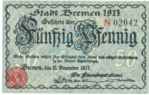 Bremen , Notgeld 50 Pfennig Schein unc-kfr. Ti.0895.055.05 NDS 1917 Verkehrsausgabe -4244