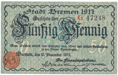 Bremen , Notgeld 50 Pfennig Schein unc-kfr. Ti.0895.055.10 NDS 1917 Verkehrsausgabe -4245