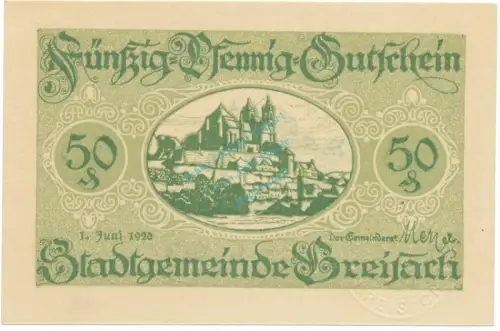 Breisach , Notgeld 50 Pfennig Schein unc-kfr. Ti.0885.05.40 BAD 1920 Verkehrsausgabe -4246
