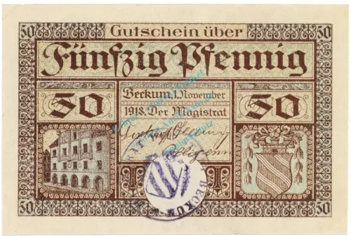 Beckum , Notgeld 50 Pfennig Schein unc-kfr. Ti.0370.10.01.c NRW 1918 Verkehrsausgabe -4247