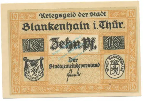 Blankenhain , Notgeld 10 Pfennig Schein unc-kfr. Ti.0725.05.10 TH o.D. Verkehrsausgabe -4250