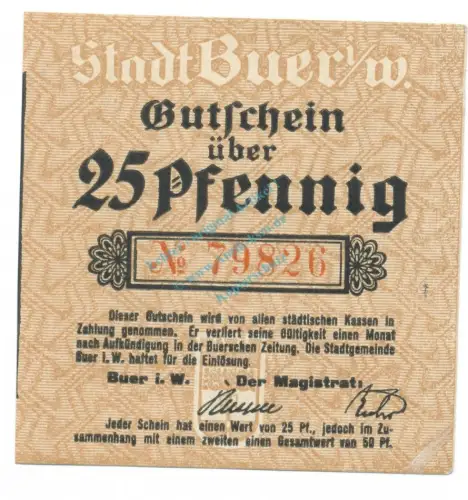 Buer , Notgeld 25 Pfennig Schein unc-kfr. Ti.1005.05.05 NRW o.D. Verkehrsausgabe -4251