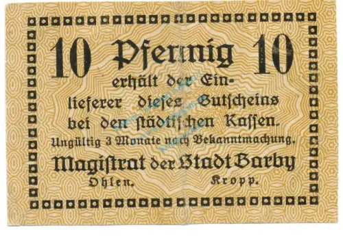 Barby , Notgeld 10 Pfennig Schein gbr. Ti.0320.10.06 S 1920 Verkehrsausgabe -4252