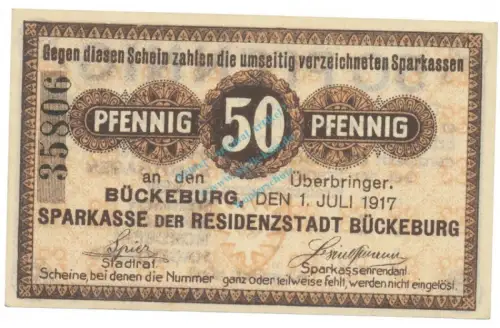 Bückeburg , Notgeld 50 Pfennig Schein unc-kfr. Ti.0990.05.02 NDS 1917 Verkehrsausgabe -4254