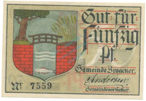 Broacker , Notgeld 50 Pfennig Schein unc-kfr. Ti.0945.10.11 DNS 1918 Verkehrsausgabe -4255