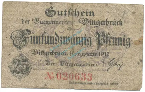 Bingenbrück , Notgeld 25 Pfennig Schein gbr-. Ti.0635.05.02 RHL 1917 Verkehrsausgabe -4256
