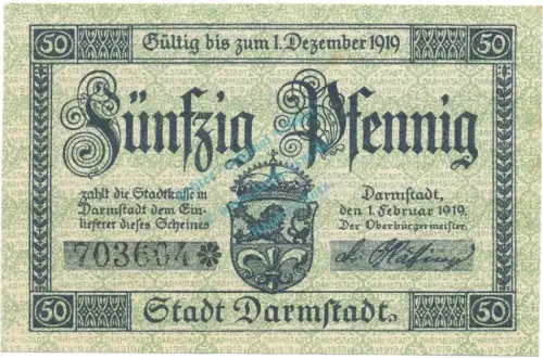 Darmstadt , Notgeld 50 Pfennig Schein unc-kfr-. Tieste 1300.15.30 HE 1919 Verkehrsausgabe -4093